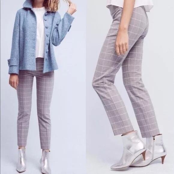 Anthropologie Cartonnier Gray Cropped Windowpane Trousers Pants Size 6 - Picture 1 of 7